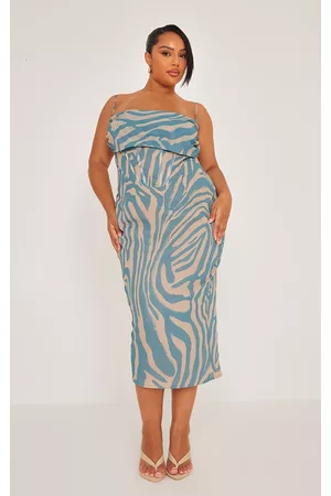 PRETTYLITTLETHING Women Printed & Patterned Dresses - Plus Dusty Blue Tiger Printed Chiffon Drape Detail Midi Dress