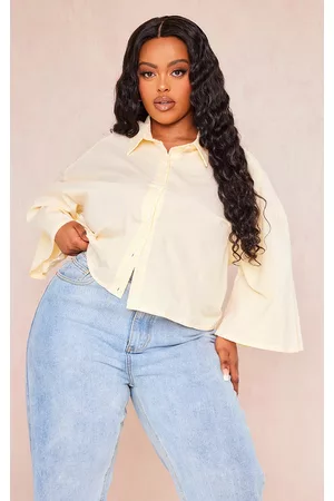 PRETTYLITTLETHING Women Shirts - Plus Yellow Stripe Flare Sleeve Crop Shirt