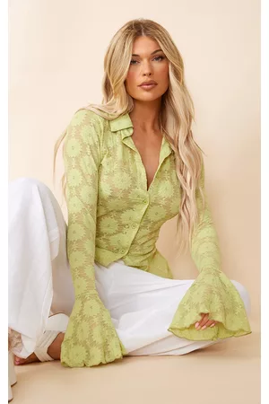 PRETTYLITTLETHING Women Shirts - Green Lace Fitted Flare Sleeve Shirt