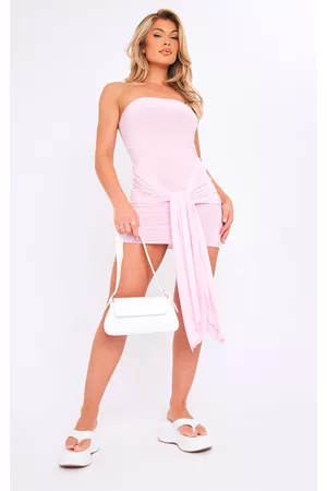 PRETTYLITTLETHING Women Bodycon Dresses - Pink Slinky Wrap Drape Bandeau Bodycon Dress