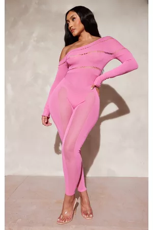 PRETTYLITTLETHING Women Jumpsuits - Shape Pink Bardot Knitted Hole Detailed Jumpsuit