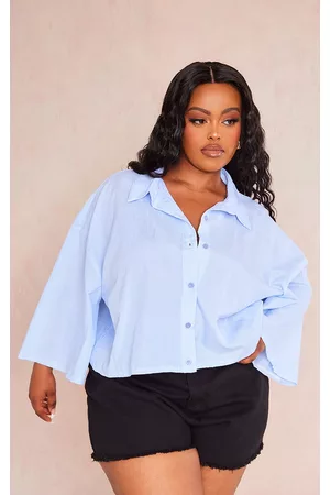 PRETTYLITTLETHING Women Shirts - Plus Blue Stripe Flare Sleeve Crop Shirt