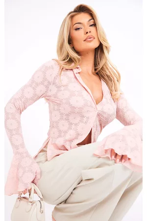 PRETTYLITTLETHING Women Shirts - Baby Pink Lace Fitted Flare Sleeve Shirt