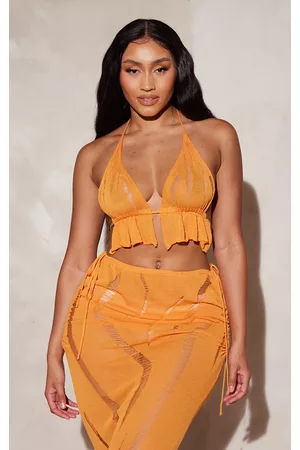 PRETTYLITTLETHING Women Bras - Shape Bright Orange Knit Ladder Detailed Halterneck Bralette