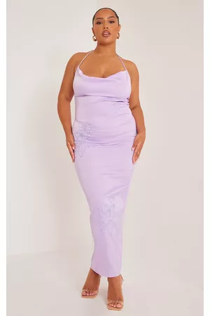 PRETTYLITTLETHING Women Graduation Dresses - Plus Lilac Halterneck Satin Embroidered Maxi Dress
