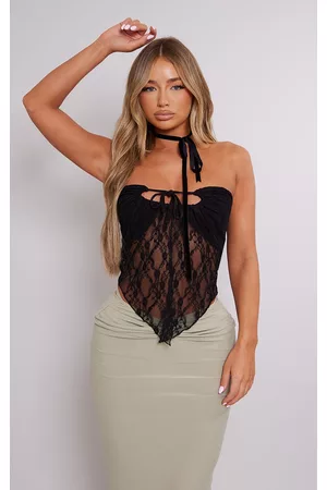 PRETTYLITTLETHING Women Lace-up Tops - Black Lace Frill Spilt Tie Front Long Top