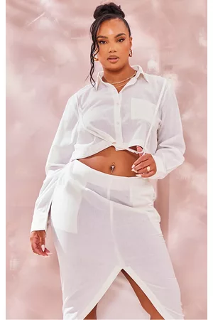 PRETTYLITTLETHING Women Shirts - Plus White Linen Look Strap Detail Crop Shirt