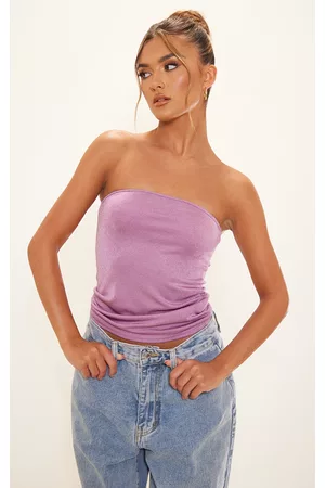 PRETTYLITTLETHING Women Strapless Tops - Lilac Acetate Slinky Bandeau Long Top