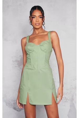 PRETTYLITTLETHING Women Bodycon Dresses - Sage Green Cargo Contrast Stitch Corset Detail Bodycon Dress