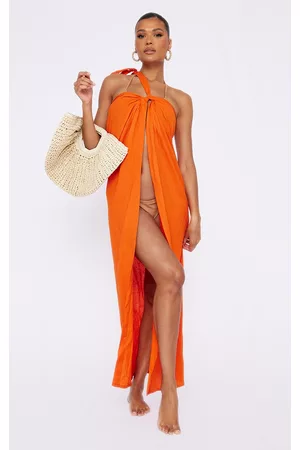 PRETTYLITTLETHING Women Asymmetrical Dresses - Burnt Orange Asymmetric Linen Look Floaty Beach Dress