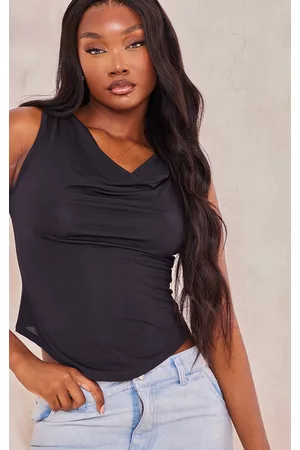 PRETTYLITTLETHING Women Crop Tops - Tall Black Ruched Crop Top