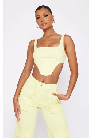 PRETTYLITTLETHING Women Corsets - Pale Yellow Twill Dip Hem Structured Cargo Corset