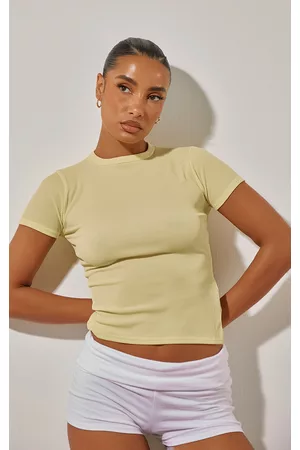 PRETTYLITTLETHING Women Short Sleeved T-Shirts - Lemon Ribbed Short Sleeve T Shirt