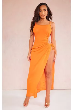 PRETTYLITTLETHING Women Graduation Dresses - Shape Orange Sheer Mesh Cut Out Side Maxi Dress