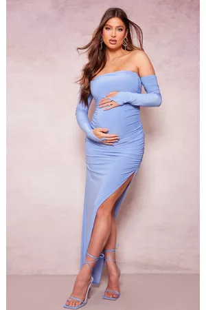PRETTYLITTLETHING Women Graduation Dresses - Maternity Blue Slinky Off The Shoulder Ruched Maxi Dress