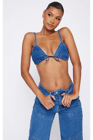 PRETTYLITTLETHING Women Bras - Mid Blue Wash Front Tie Denim Bralette