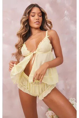 PRETTYLITTLETHING Women Lingerie Bodies - Yellow Mesh Frill Detail Babydoll & Briefs Set