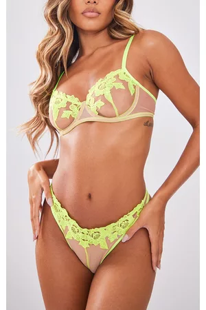 PRETTYLITTLETHING Women Thongs - Lime Floral Contrast Lace Thong