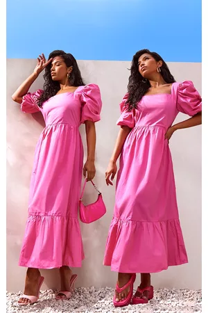 PRETTYLITTLETHING Women Puff Sleeve & Puff Shoulder Dresses - Hot Pink Woven Puff Sleeve Square Neck Midaxi Dress