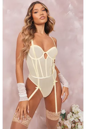 PRETTYLITTLETHING Women Underwear Accessories - Yellow Underwired Frill Detail Suspender Bodysuit
