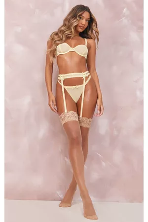 PRETTYLITTLETHING Women Bras - Yellow Underwired Frill Detail 3 Piece Lingerie Set