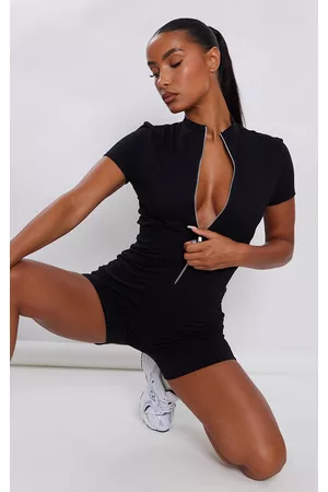 PRETTYLITTLETHING Women Shorts - Black Cotton Binding Detail Zip Up Short Sleeve Unitard