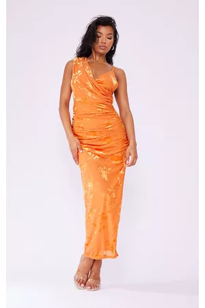 PRETTYLITTLETHING Women Printed & Patterned Dresses - Orange Floral Devore Drape Wrap Split Midaxi Dress