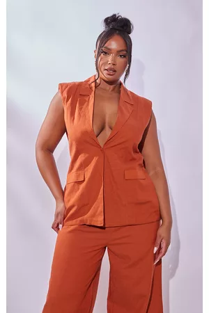 PRETTYLITTLETHING Women Blazers - Plus Rust Linen Look Sleeveless Blazer