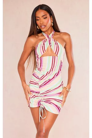 PRETTYLITTLETHING Women Ruched Bodycon Dresses - Multi Stripe Textured Wrap Neck Ruched Bodycon Dress