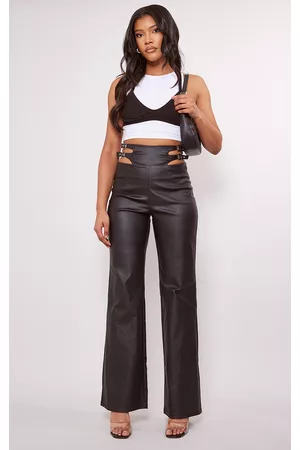 PRETTYLITTLETHING Women Flared Jeans - Black Buckle Cut Out Detail Coated Denim Flared Jeans