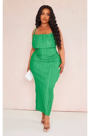 PRETTYLITTLETHING Women Midi Dresses - Plus Green Abstract Plisse Strappy Midi Dress