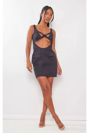 PRETTYLITTLETHING Women Bodycon Dresses - Black Woven Buckle Trim Cargo Style Bodycon Dress