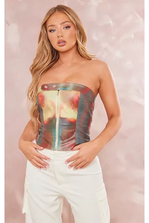 PRETTYLITTLETHING Women Corsets - Pink Printed Faux Leather Buckle Zip Detail Bandeau Corset