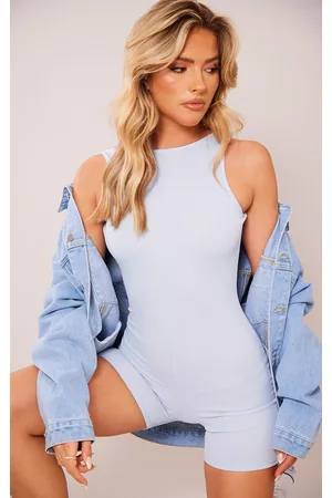 PRETTYLITTLETHING Women Playsuits & Rompers - Blue Ribbed Low Scoop Back Racer Unitard