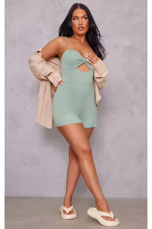 PRETTYLITTLETHING Women T-Shirts - Sage Green Jersey Keyhole Cut Out Tie Strap Romper