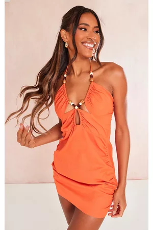 PRETTYLITTLETHING Women Halter Dresses - Terracotta Linen Look Cut Out Beaded Halterneck Shift Dress