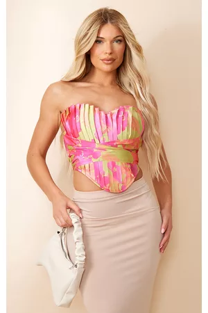 PRETTYLITTLETHING Women Corsets - Pink Printed Pleated Drape Front Corset