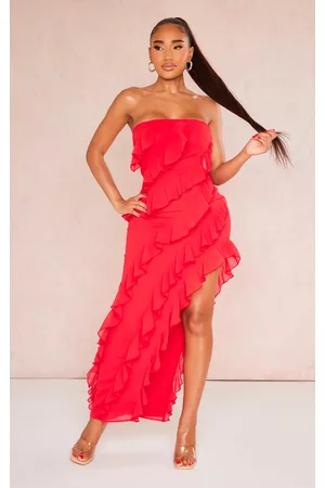 PRETTYLITTLETHING Women Graduation Dresses - Shape Red Woven Frill Edge Bandeau Split Leg Maxi Dress