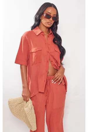 PRETTYLITTLETHING Women Short sleeved Shirts - Rust Linen Look Pocket Front Short Sleeve Shirt