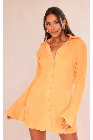 PRETTYLITTLETHING Women Graduation Dresses - Tangerine Plisse Flared Sleeve Shirt Dress
