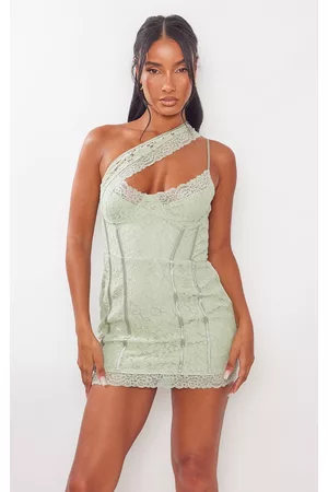 PRETTYLITTLETHING Women Bodycon Dresses - Sage Lace Binding Detail Underwired Bodycon Dress