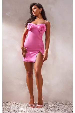 PRETTYLITTLETHING Women Bodycon Dresses - Pink Chiffon Rose Bust Detail Strappy Bodycon Dress
