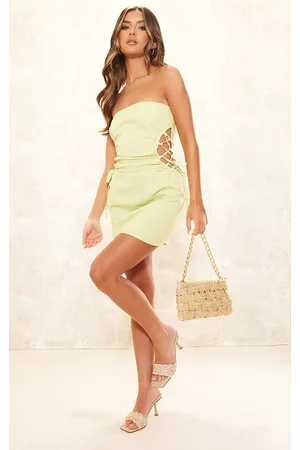 PRETTYLITTLETHING Women Bodycon Dresses - Lime Linen Look Bandeau Lace Up Side Bodycon Dress