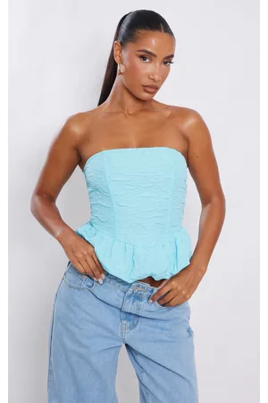 PRETTYLITTLETHING Women Corsets - Aqua Blue Floral Embossed Frill Hem Bandeau Corset