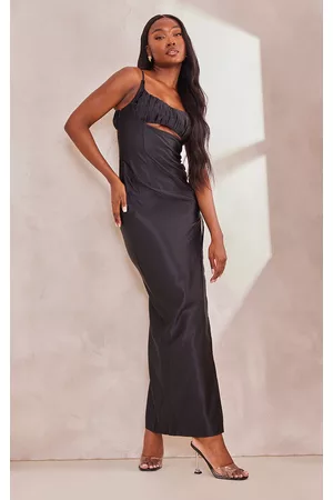 PRETTYLITTLETHING Women Ruched Dresses - Tall Black Ruched Front Satin Midaxi Dress
