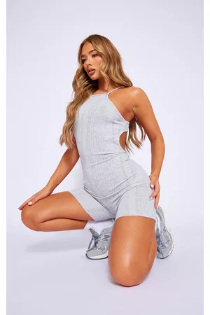 PRETTYLITTLETHING Women Playsuits & Rompers - Grey Marl Ribbed Racer Cut Out Back Unitard