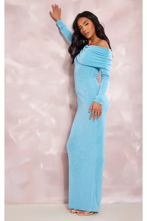 PRETTYLITTLETHING Women Long Sleeve Maxi Dresses - Petite Bright Blue Acetate Slinky Bardot Long Sleeve Maxi Dress