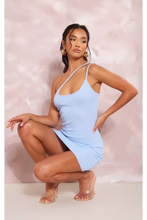 PRETTYLITTLETHING Women Graduation Dresses - Petite Blue Grey Asymmetric Strap Mini Dress