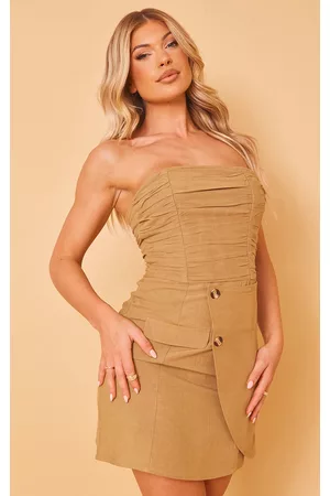 PRETTYLITTLETHING Women Ruched Bodycon Dresses - Camel Linen Look Bandeau Ruched Wrap Bodycon Dress
