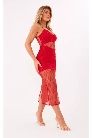 PRETTYLITTLETHING Women Graduation Dresses - Red Lace Cut Out Detail Strappy Midaxi Dress